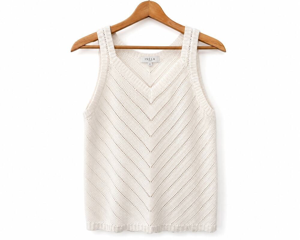 Isela Pointelle Knit Tank Top Ivory Chevron Sweater Vest Women's Medium